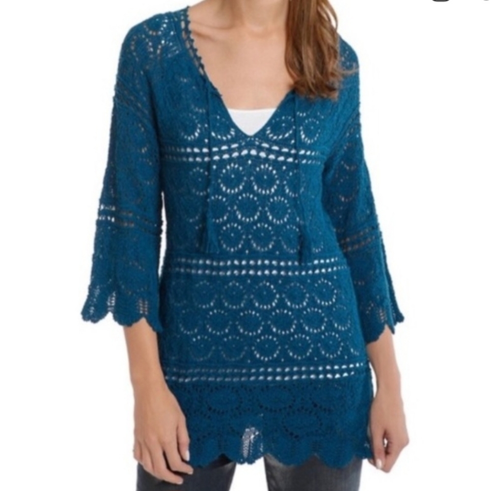 Lucky Brand Crochet Lace Sweater Blouse Tunic Size L Deep Teal Color  NWOT